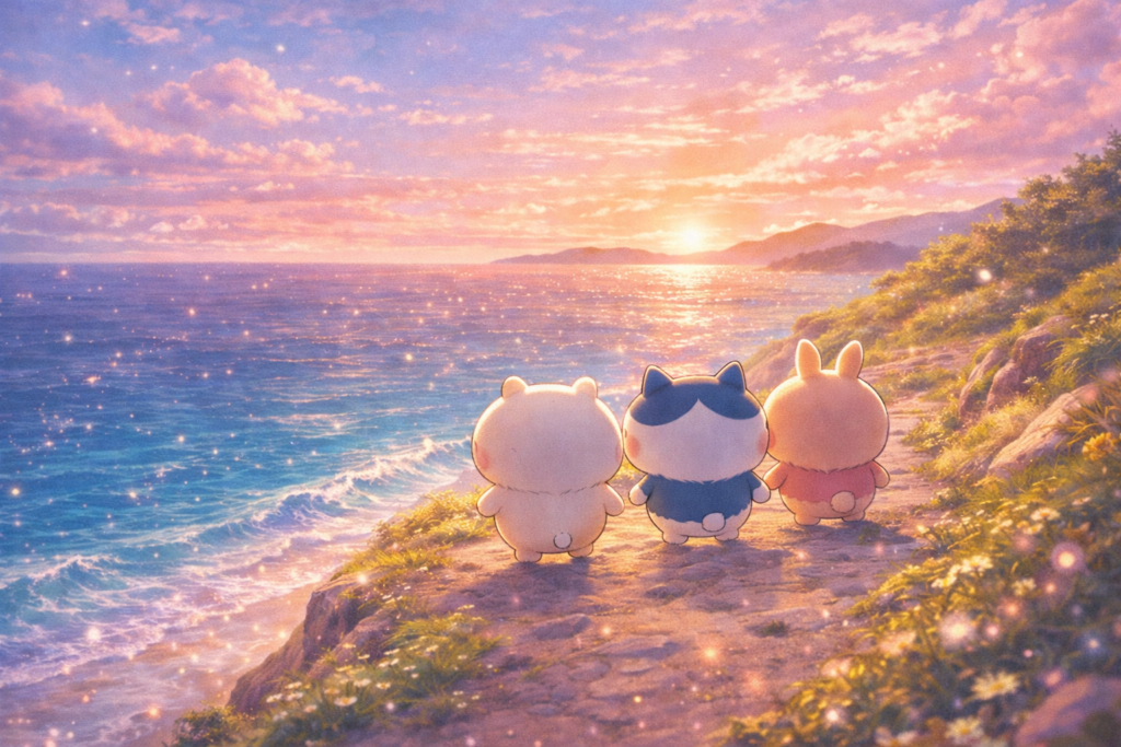 Chiikawa and friends journey together along the ocean cliffs, symbolizing friendship and quiet bravery.