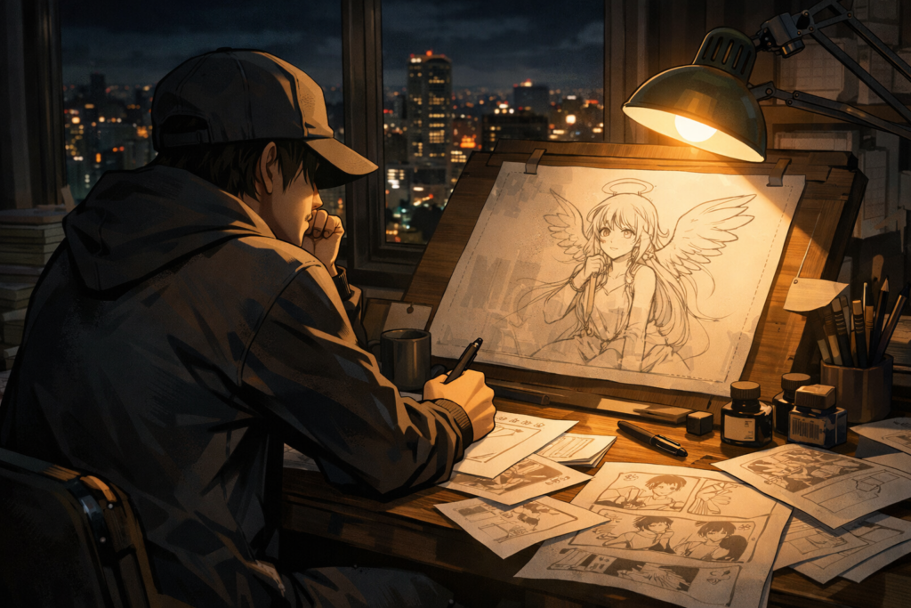 A symbolic scene representing Hideaki Sorachi teasing a new manga project