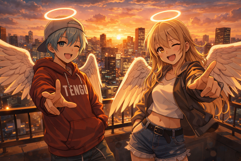 A reimagined visual of Dandelion’s angel duo, capturing the humorous yet heartfelt tone fans associate with Sorachi’s storytelling.