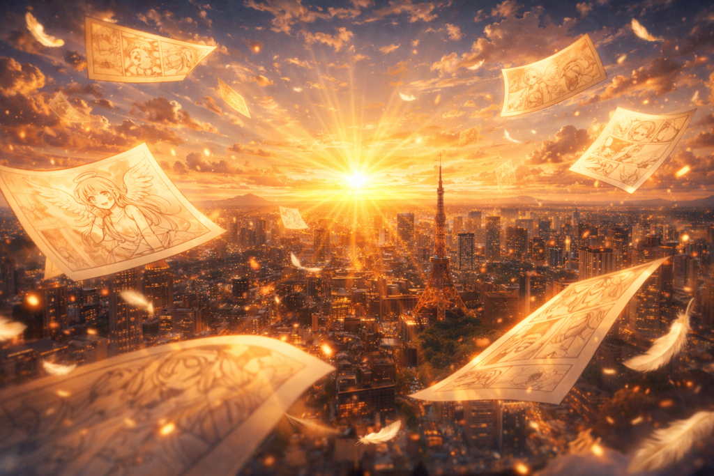 A hopeful, forward-looking image symbolizing a new chapter in Hideaki Sorachi’s manga career.