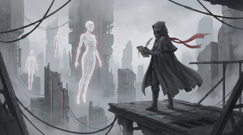 A surreal and philosophical visual representing Yoko Taro’s storytelling influence