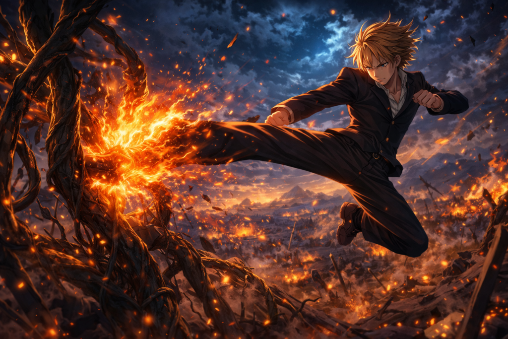 Sanji abandoning comedy and embracing tactical lethality as he burns through enemy restraints with scientific precision.