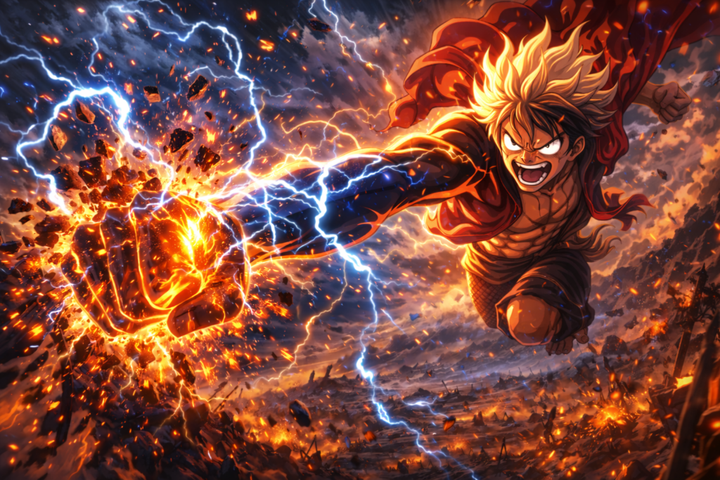 Luffy’s devastating Boomington Thor Rifle — a divine lightning attack that signals a more aggressive Gear 5.