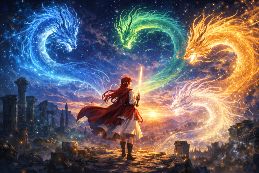 The legendary Four Dragon Warriors surround Princess Yona in a powerful moment symbolizing destiny and ancient prophecy.