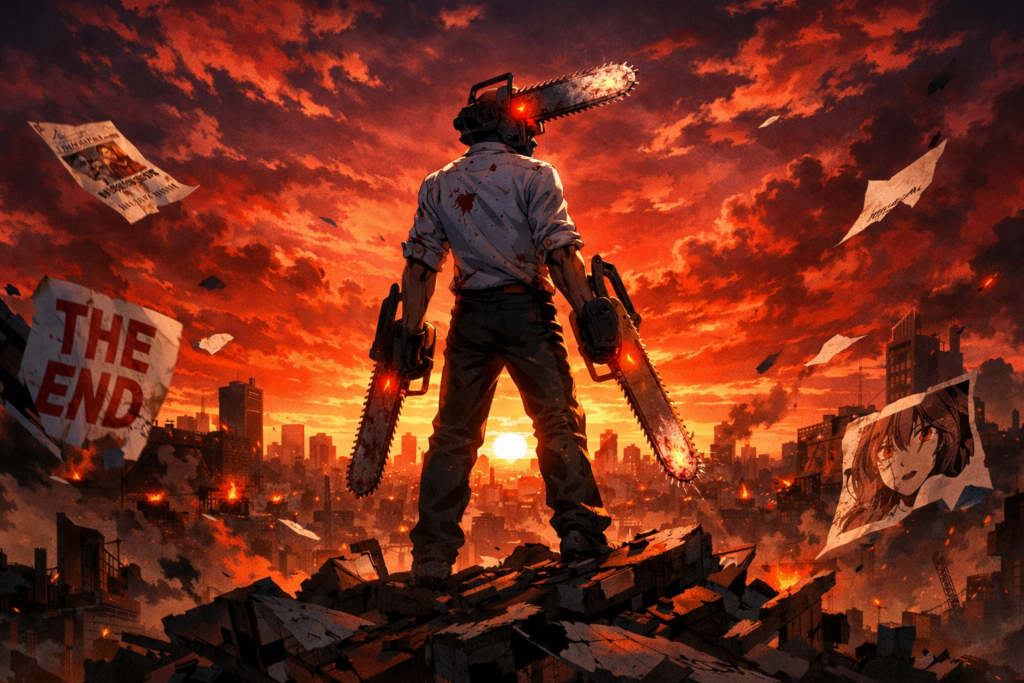 A dramatic scene representing the emotional end of Chainsaw Man Part 2, showing Denji standing alone after countless battles as the story reaches its final chapter.