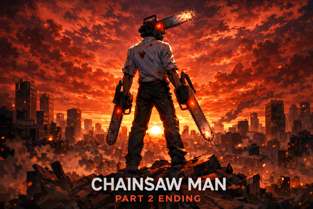 A cinematic poster representing the official conclusion of Chainsaw Man Part 2, highlighting the intense tone of the series.