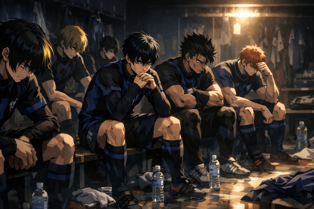 This image represents the moment of crisis inside Blue Lock’s dressing room, where the team realizes that their strategy built around Isagi has completely collapsed.