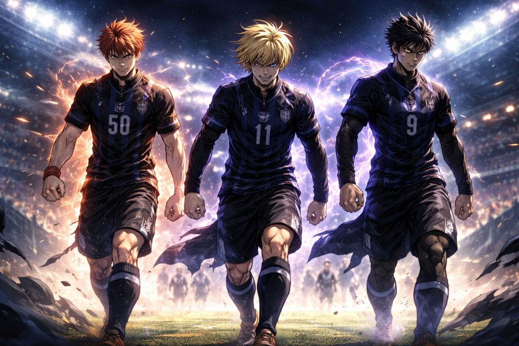 This image captures the dramatic entrance of Baro, Shidou, and Kunigami — the Triple Joker lineup that brings chaos to the match.