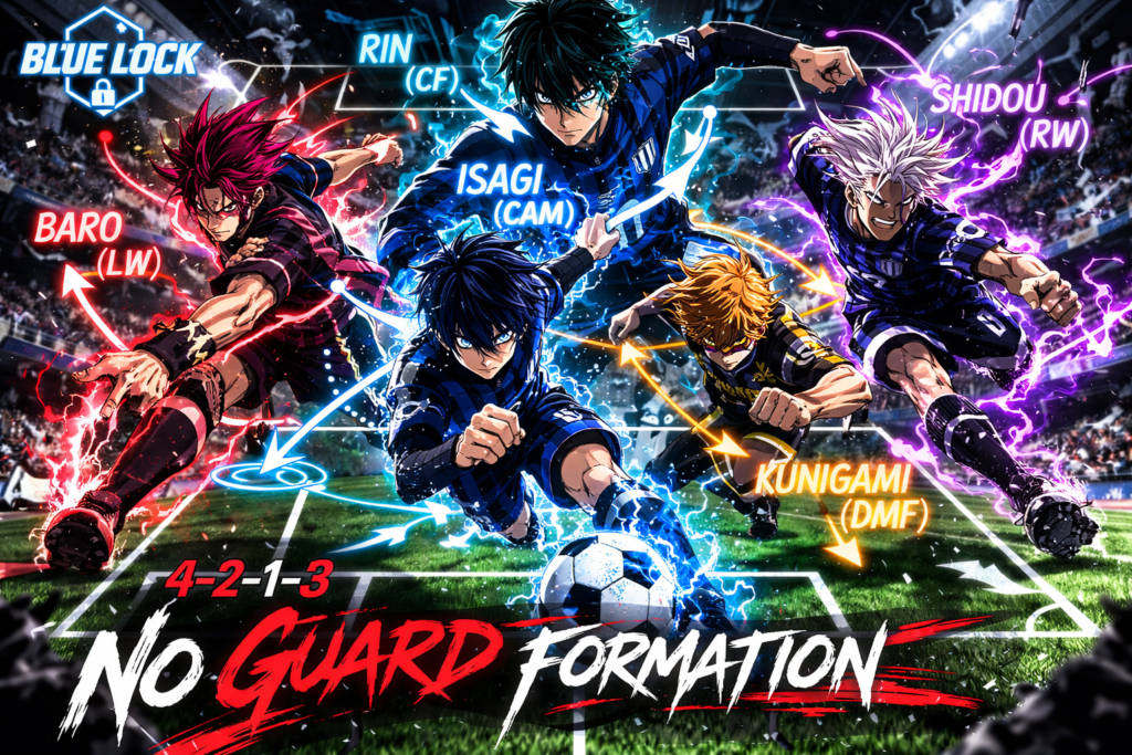 This visual shows the 4-2-1-3 No Guard Formation, where Blue Lock sacrifices defense to unleash five strikers at once.