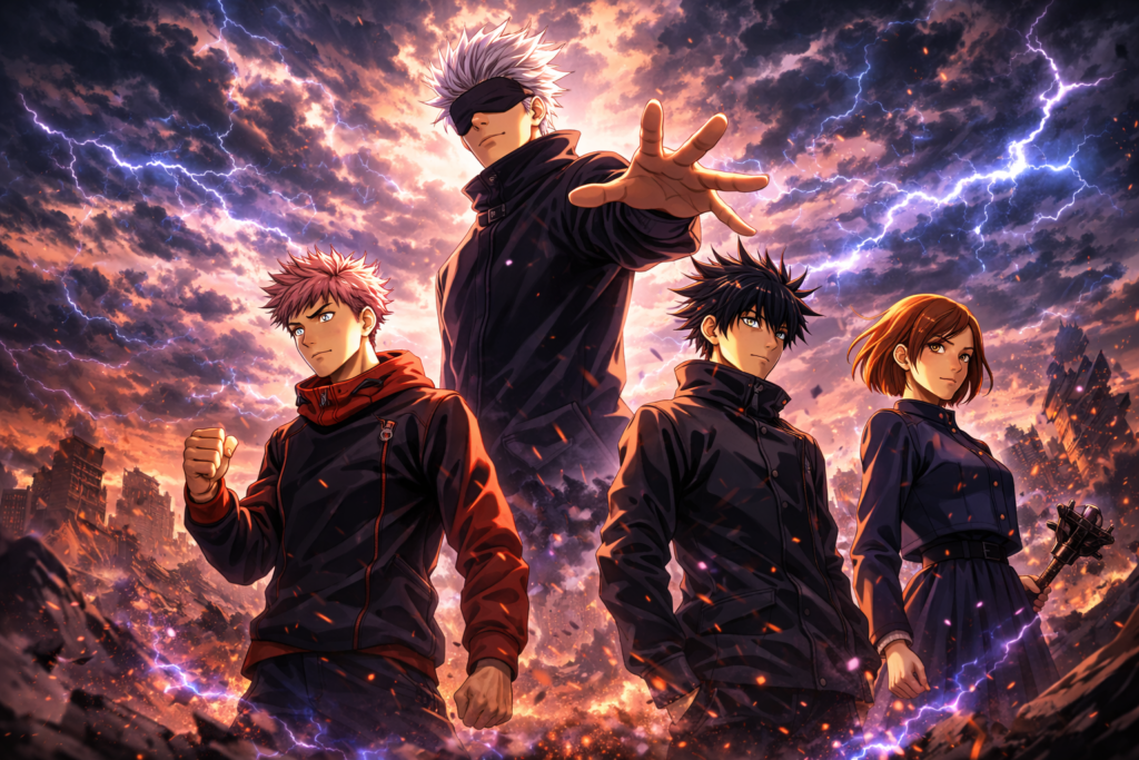 A legacy-style poster celebrating the impact of Jujutsu Kaisen, highlighting its iconic characters and lasting influence.