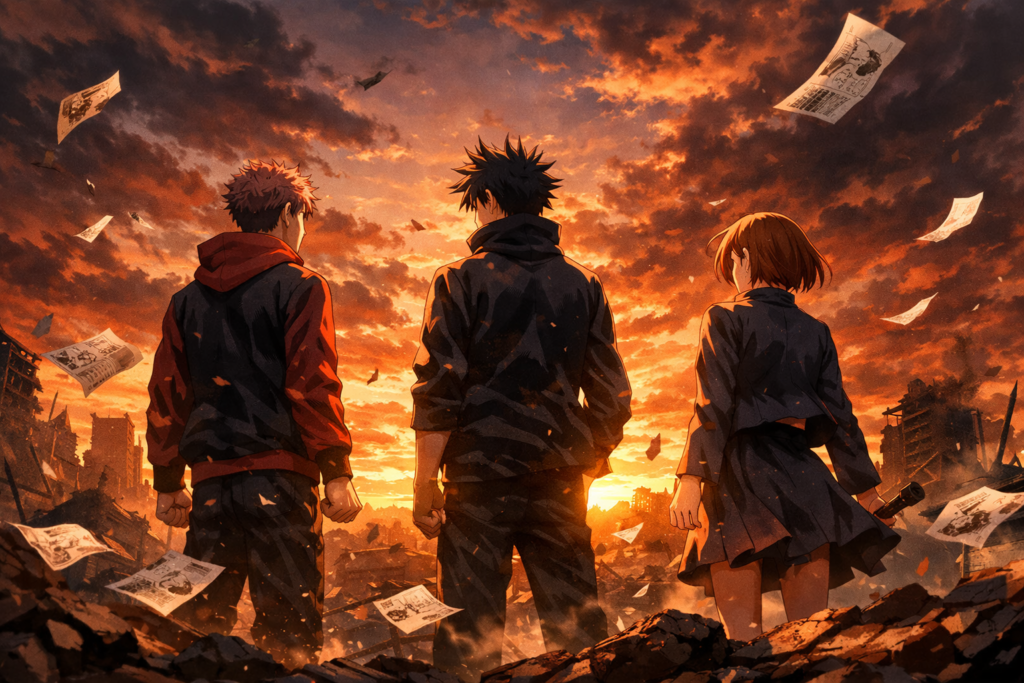 A symbolic farewell image representing the end of the Jujutsu Kaisen manga, highlighting the emotional journey of the main trio.