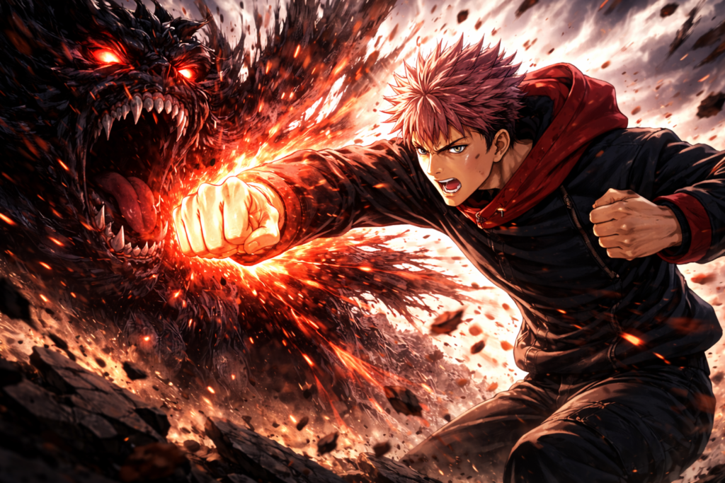 A dynamic action scene capturing the intense cursed energy battles that made Jujutsu Kaisen globally popular.
