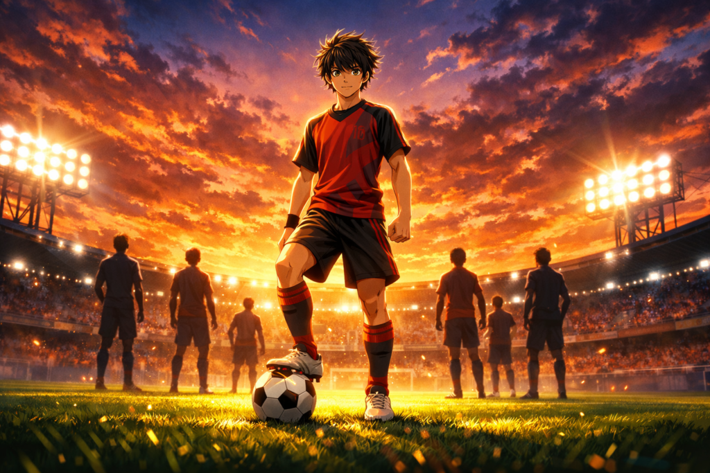 A powerful hero banner showing a young football player standing on the pitch with dramatic lighting, symbolizing the exciting announcement of Aoashi Season 2.