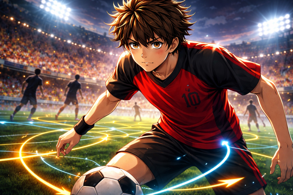 A focused character portrait representing Ashito Aoi’s tactical vision, highlighting the strategic football style that defines the Aoashi series.