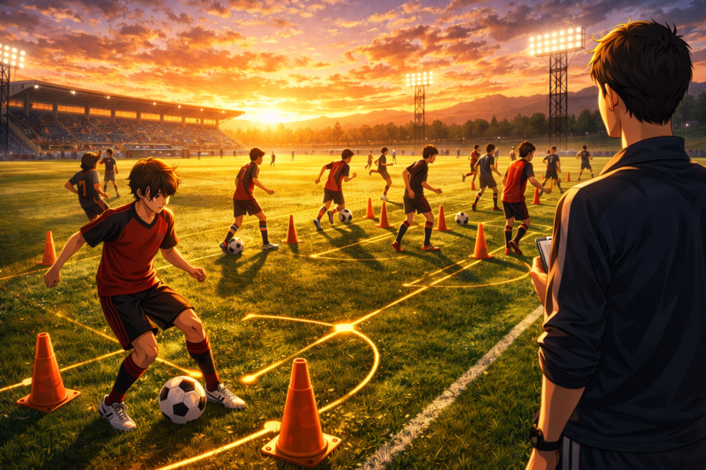 An intense training moment inside a youth academy, representing the hard work and discipline required to reach the professional level.