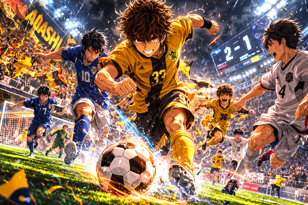 An energetic match moment showing the intensity and fast-paced gameplay that fans can expect in Aoashi Season 2.