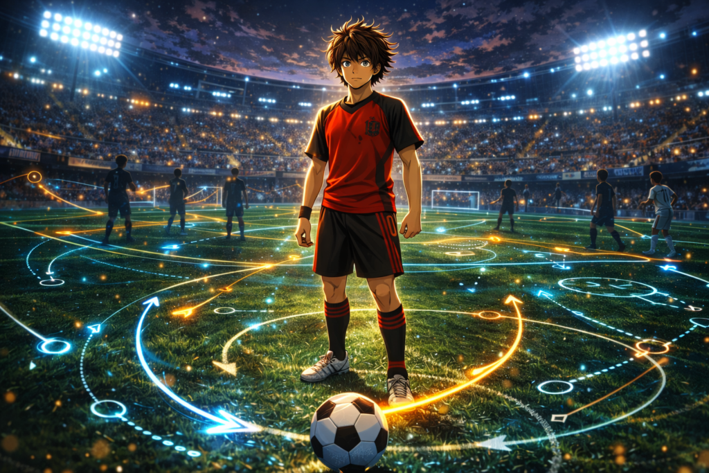 A visual representation of Aoashi’s famous “thinking soccer” concept, where strategy and game intelligence play a crucial role.