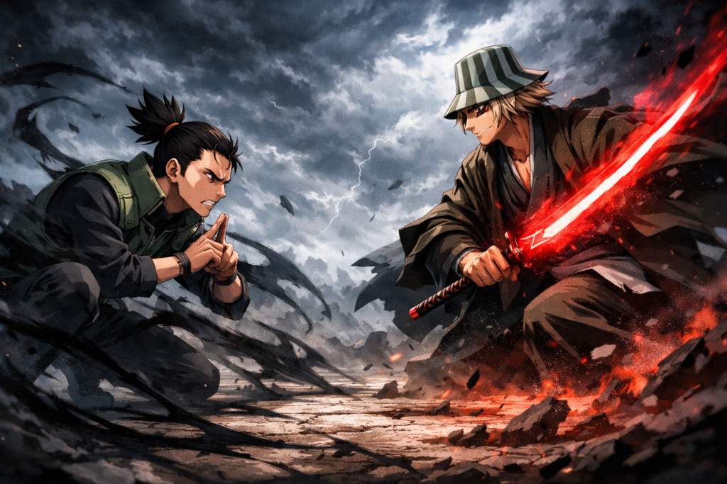 A dramatic face-off between two legendary anime strategists as shadows clash with spiritual energy on a battlefield.