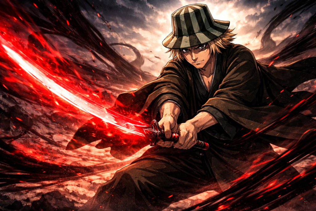 Kisuke Urahara unleashes the power of Benihime, releasing powerful spiritual energy attacks that overwhelm enemies.