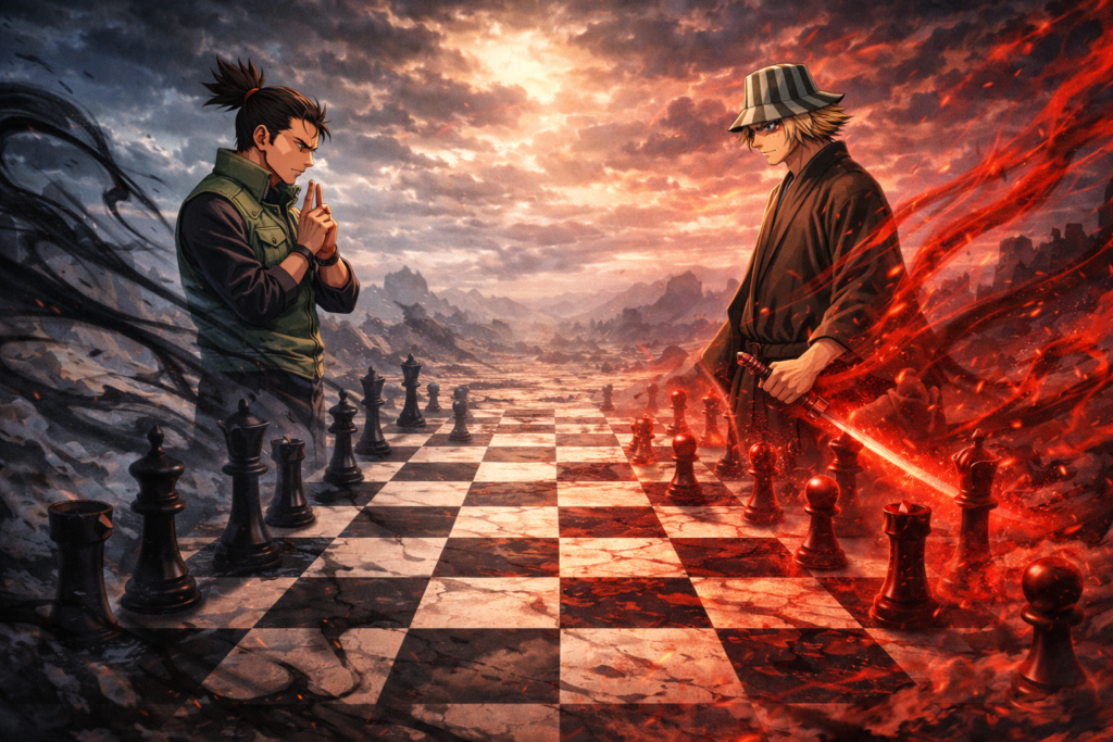 A cinematic poster showing both characters after battle, symbolizing the epic clash of intelligence and power.