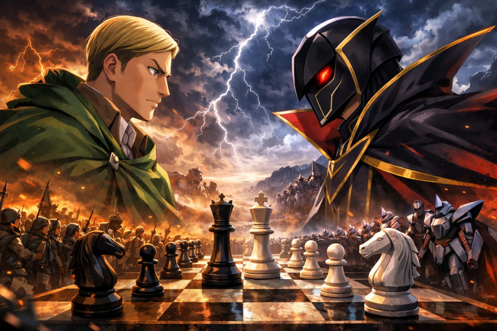 This image acts as the main banner of the article, visually presenting the legendary strategist rivalry between Erwin Smith and Lelouch vi Britannia as a symbolic chess battle.