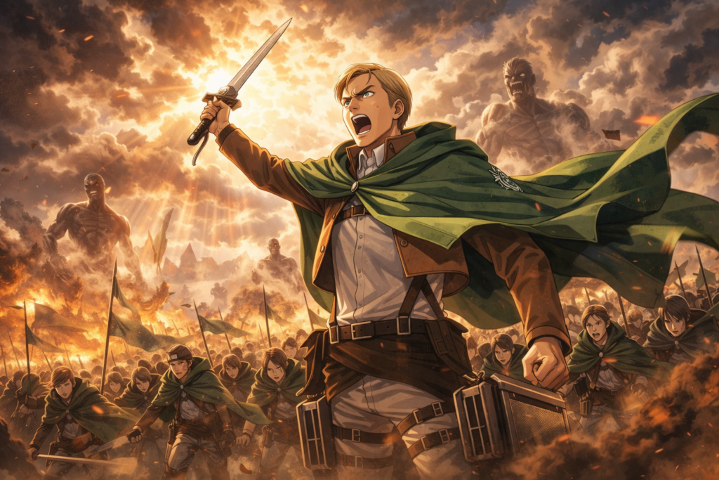 This image highlights Erwin Smith’s fearless leadership, showing how he inspires soldiers even when facing overwhelming odds.