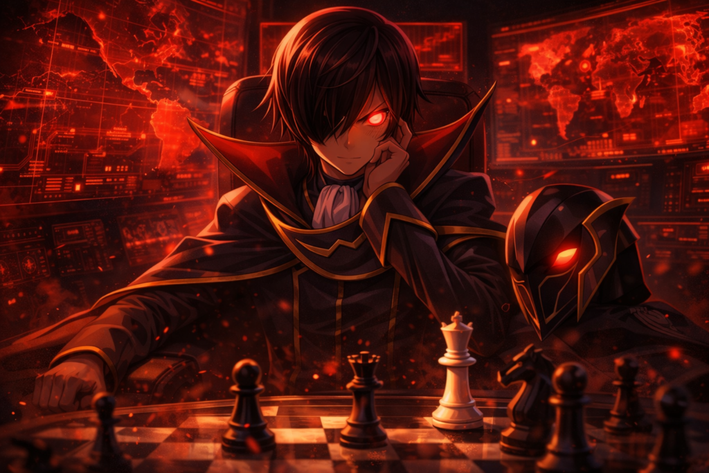 A powerful visualization of Lelouch’s strategic genius, portraying him as a mastermind planning global-scale strategies.