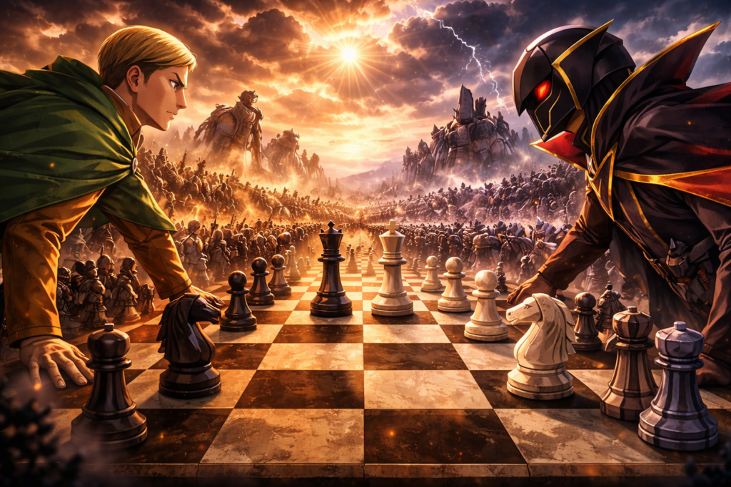 This image symbolizes strategy as a chess game, representing how both characters treat warfare like a carefully calculated match.