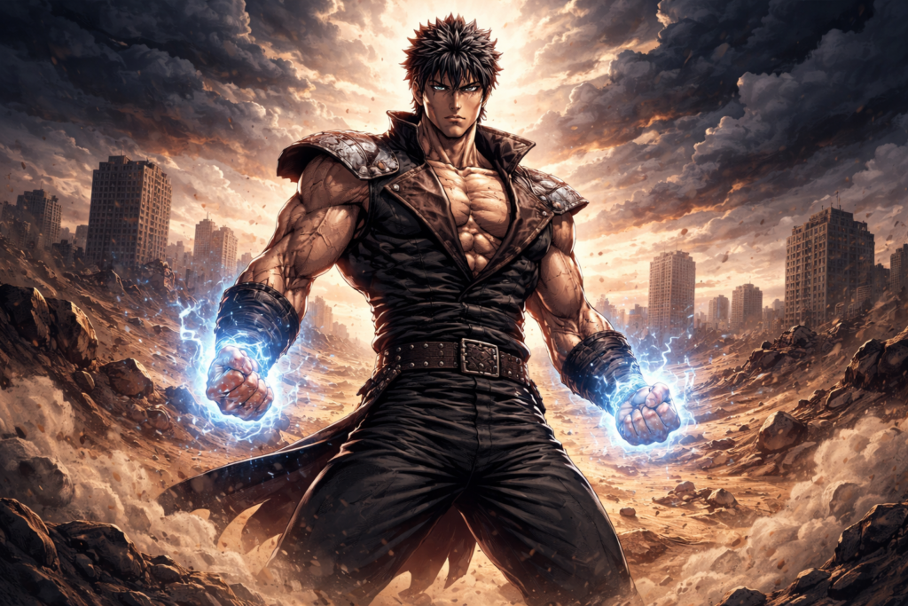 A dramatic hero poster showing Kenshiro standing in a devastated wasteland, representing the brutal world of Fist of the North Star.