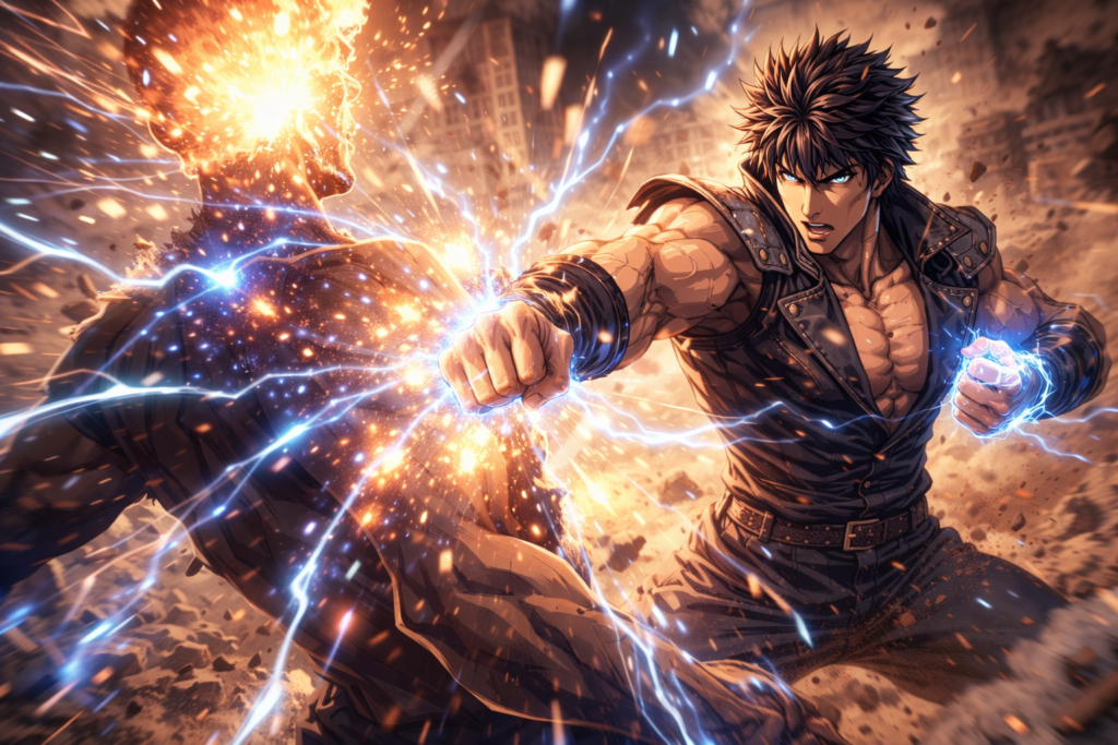 Kenshiro unleashes the legendary Hokuto Shinken pressure-point technique, the deadly martial art that defines the series.