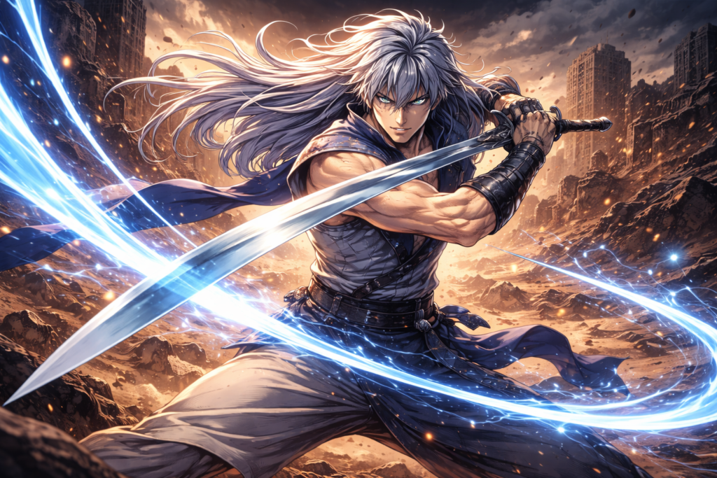 Rei, master of the Nanto Seiken fighting style, demonstrates his graceful yet deadly combat technique.