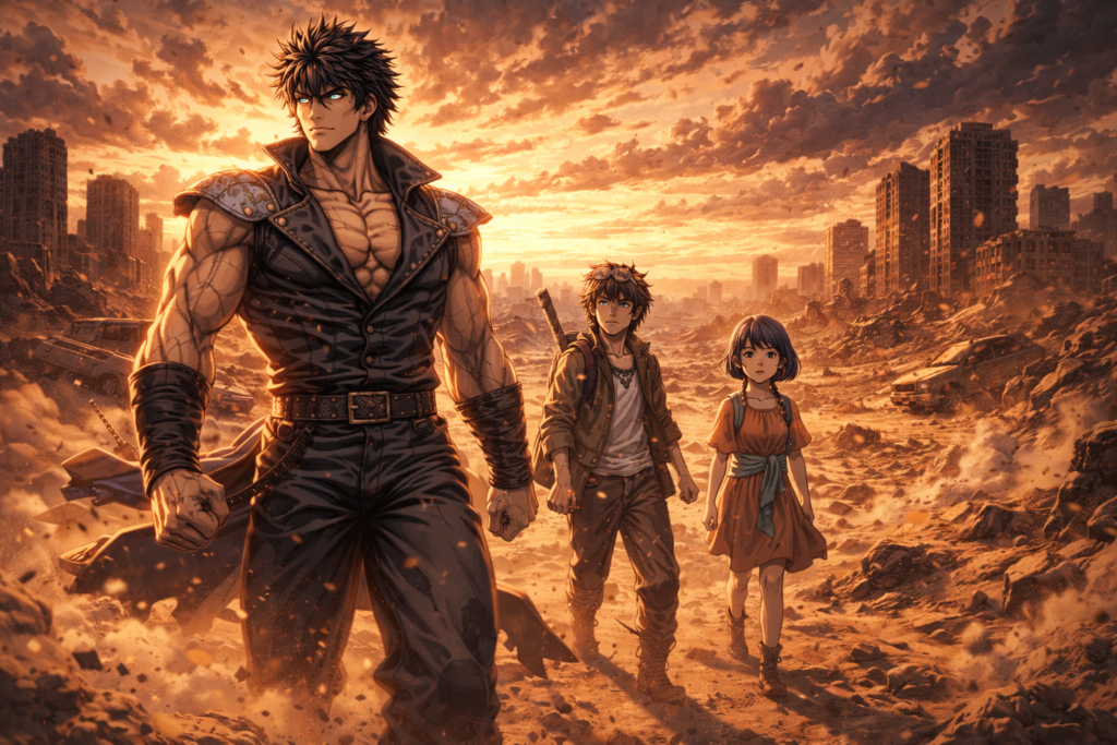 Kenshiro travels across the wasteland with Bat and Rin, protecting survivors in a harsh world.
