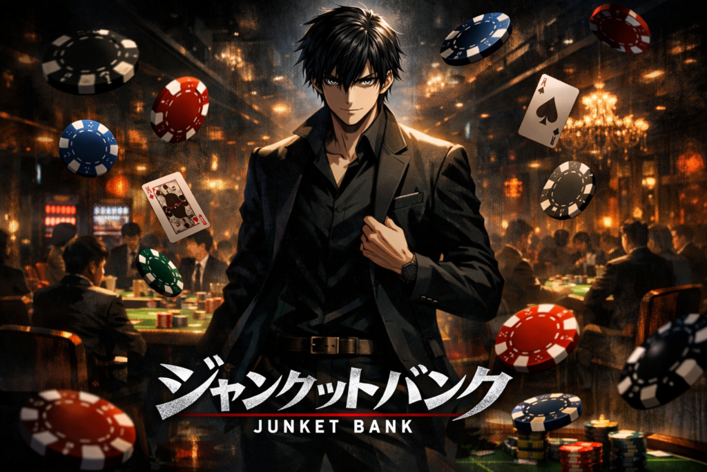 A dramatic poster visualizing the intense atmosphere of the upcoming Junket Bank anime, showing the high-stakes gambling world hidden inside a mysterious bank.