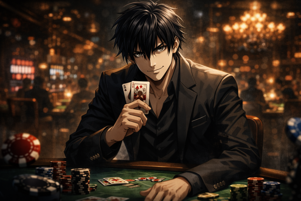Character artwork of Shin Mafutsu, the fearless gambler known for his unpredictable strategies and calm attitude in high-risk games.