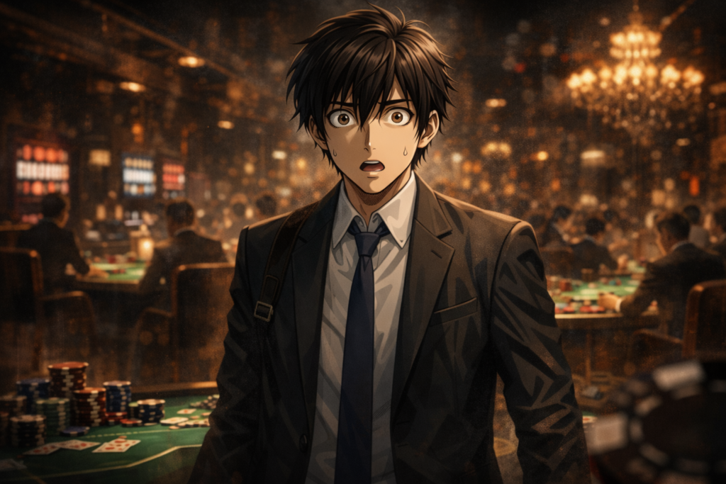 An image showing Akira Mitarai, a normal bank employee whose life changes after entering the dangerous world of underground gambling.