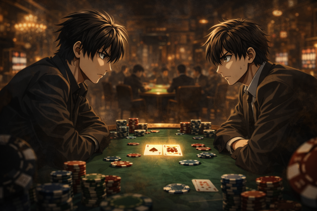 A tense gambling duel where two players compete using strategy, deception, and psychological pressure.