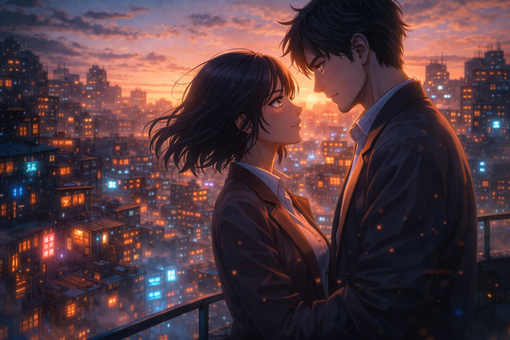A heartfelt rooftop moment symbolizing the mature romance and unresolved emotions between the main characters.
