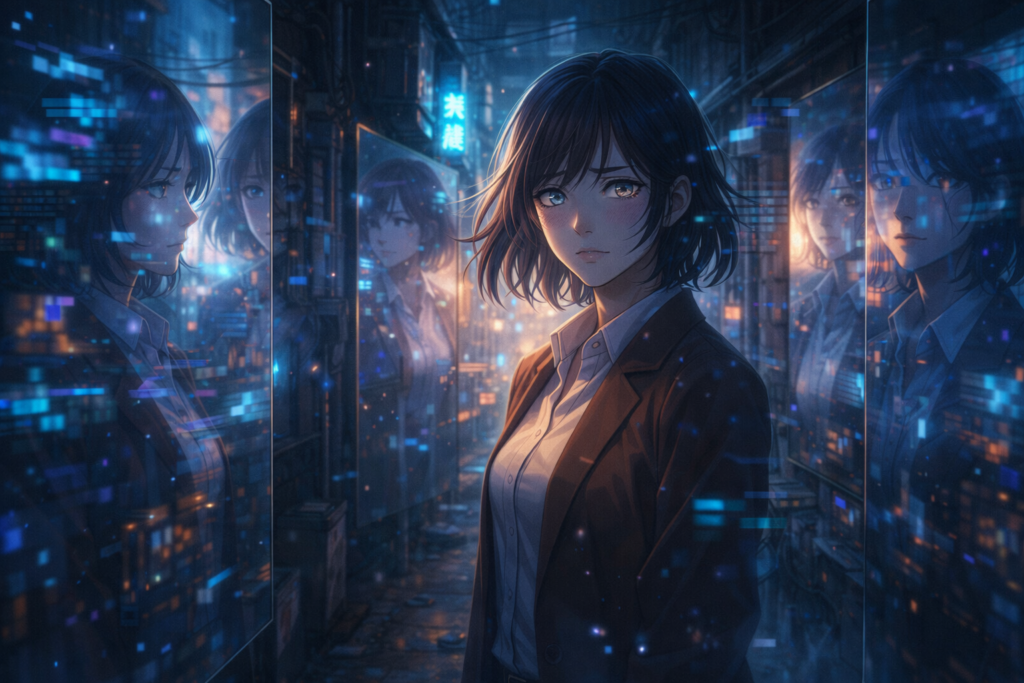 Represents the manga’s core themes of identity, memory, and reality blurring within the dystopian setting.