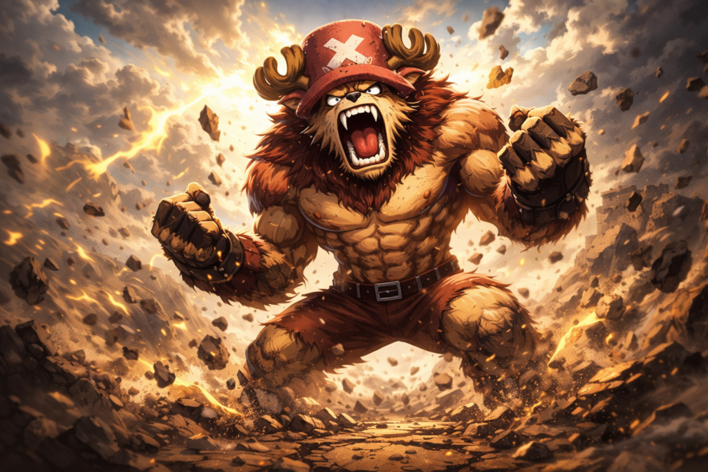 Chopper in his fearsome Monster Point form, towering over the battlefield with unstoppable strength and fierce determination.