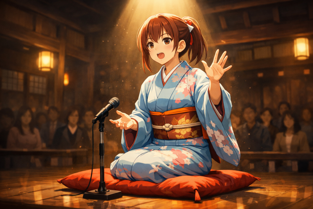 Akane-banashi anime protagonist performing rakugo on stage April 2026 premiere