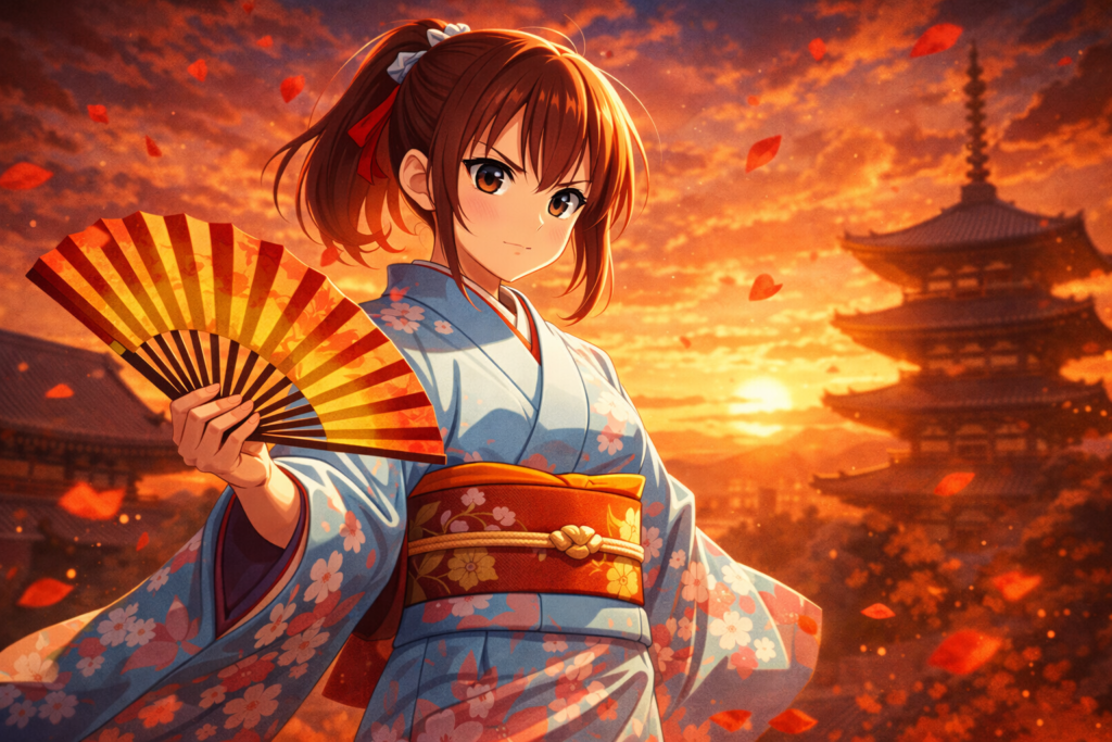 A powerful character visual highlighting Akane’s determination to master rakugo and honor her father’s legacy.