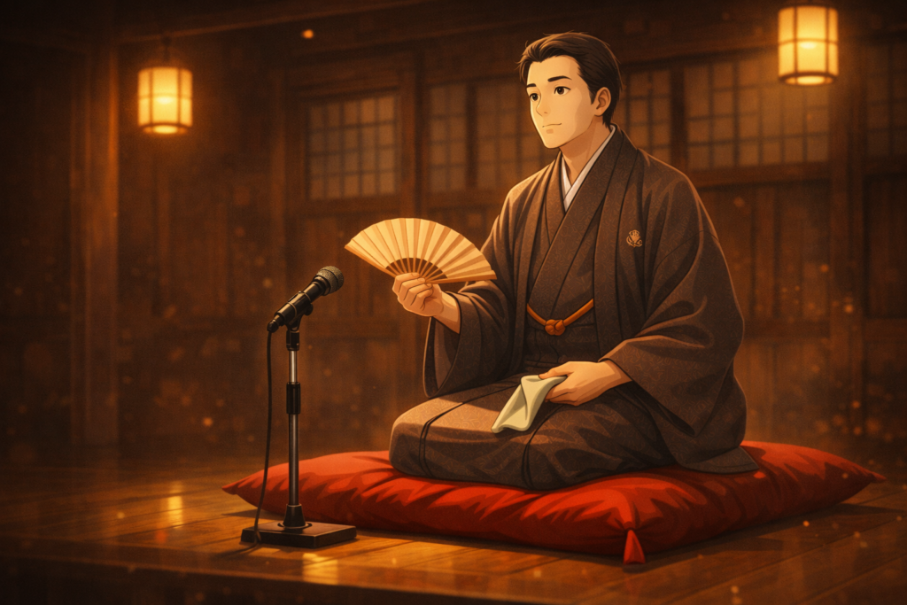 A cultural spotlight image emphasizing the beauty and tradition of rakugo, the storytelling art central to Akane-banashi.