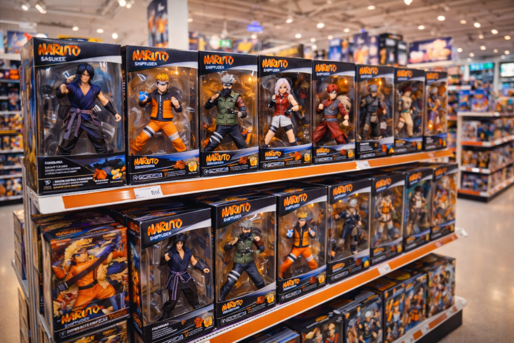 A retail-ready mockup showing how the new Naruto merchandise might appear in major U.S. and Canadian stores.