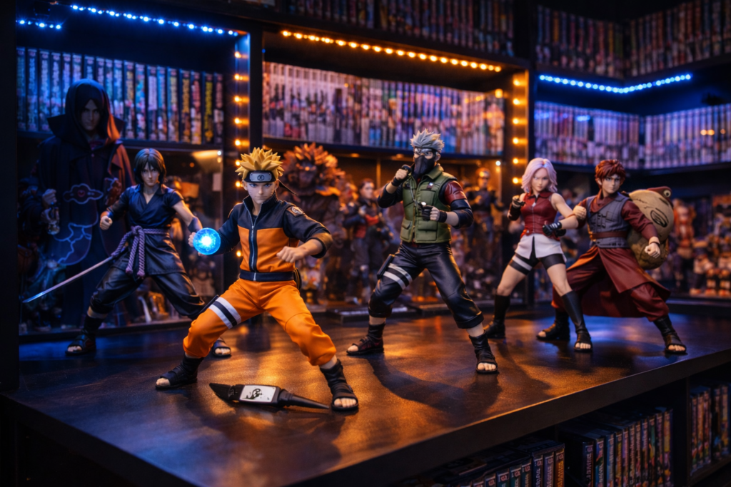 A premium collector’s shelf highlighting how adult anime fans might showcase the upcoming figures.