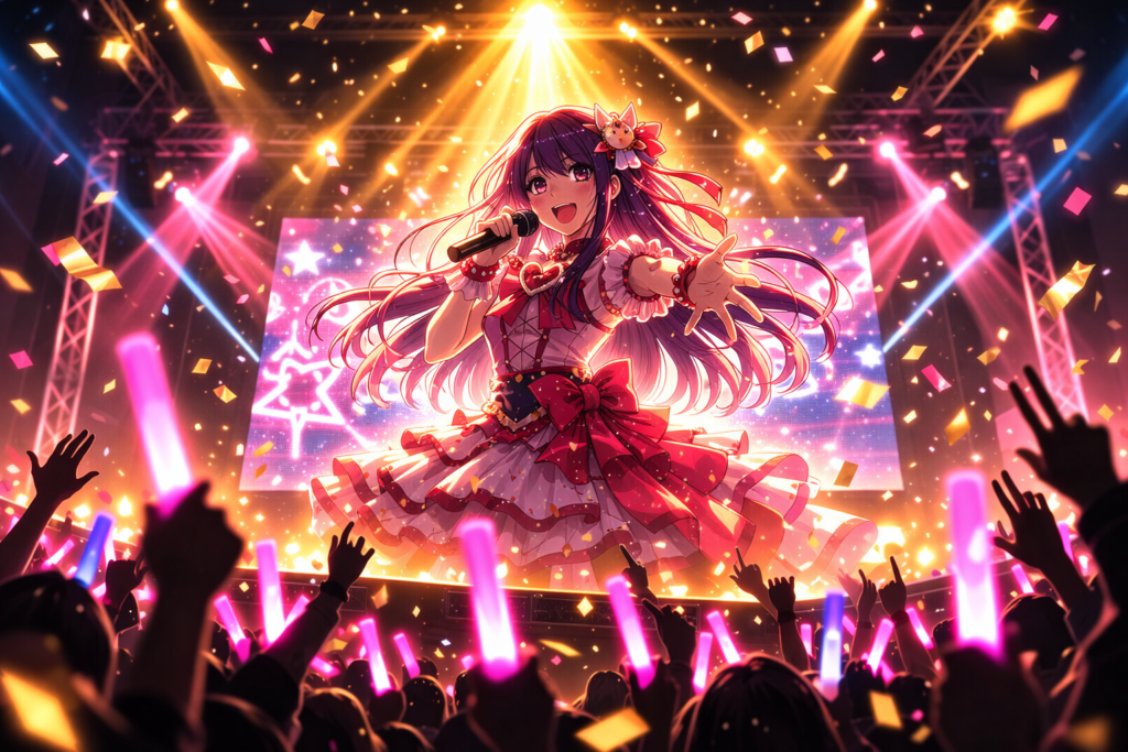 Represents the glamorous yet intense world of idol culture that defines the heart of Oshi no Ko.