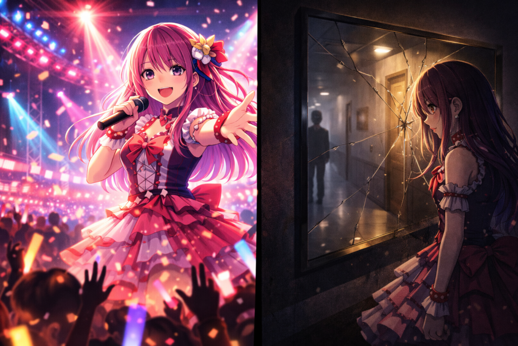 Visually highlights the psychological and emotional depth of the series — fame versus hidden struggles.