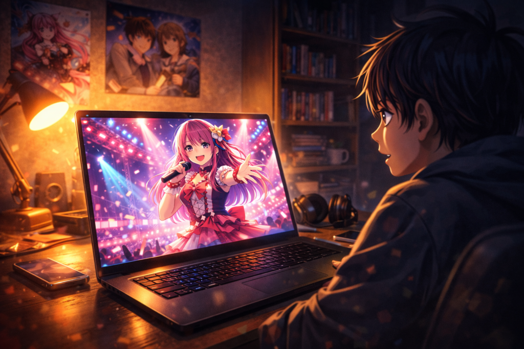 Shows the streaming experience, symbolizing fans watching Oshi no Ko Season 1 on Crunchyroll.