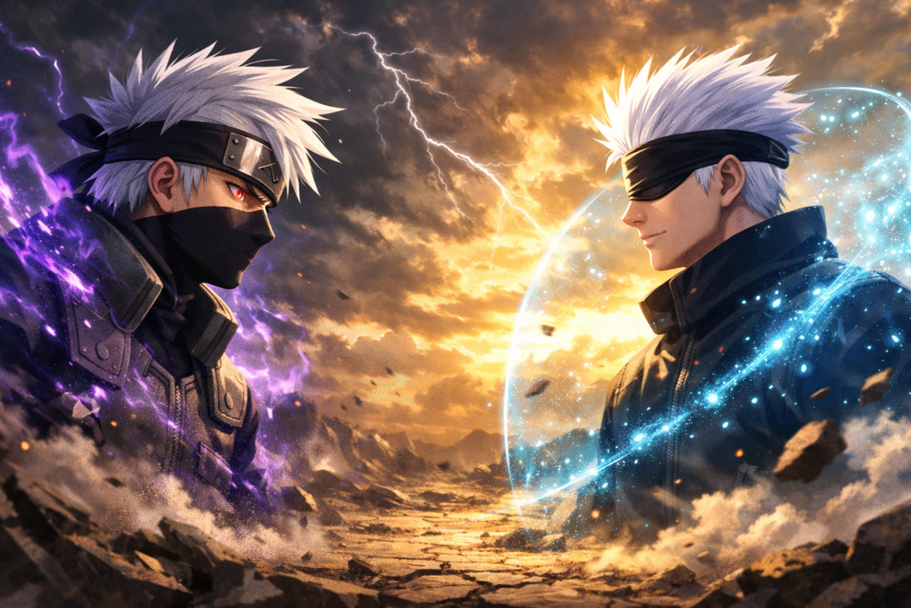 A dramatic face-off between a silver-haired ninja and a white-haired sorcerer as their overwhelming powers collide on a shattered battlefield.