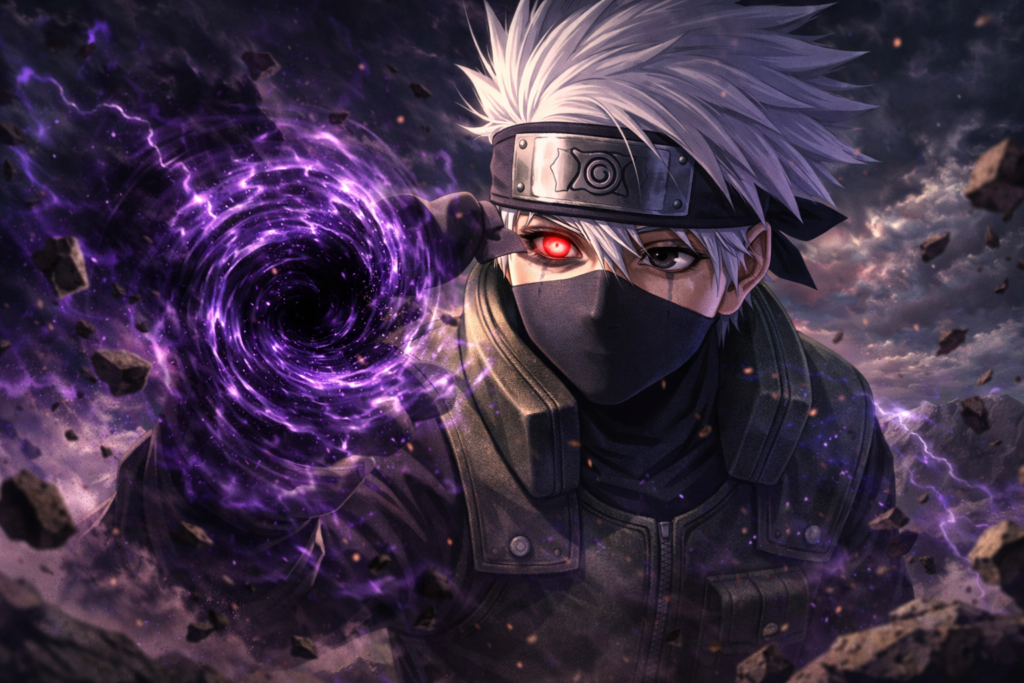 The Copy Ninja activates a powerful space-time vortex technique, bending reality around him in a decisive attack.