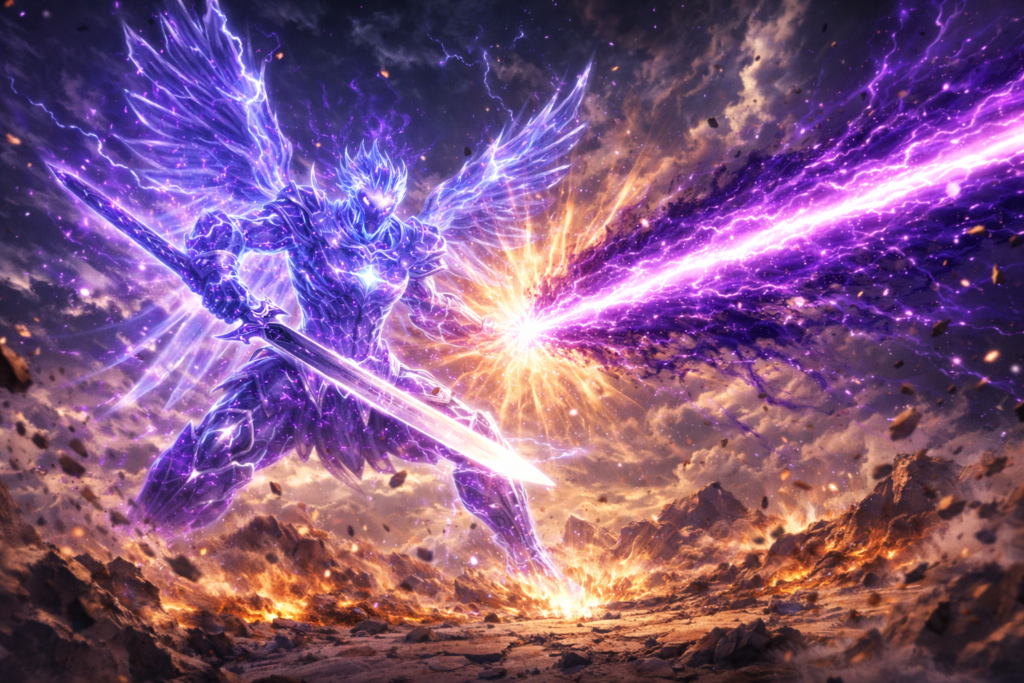 A colossal chakra warrior collides with a devastating purple energy blast in an earth-shattering showdown.